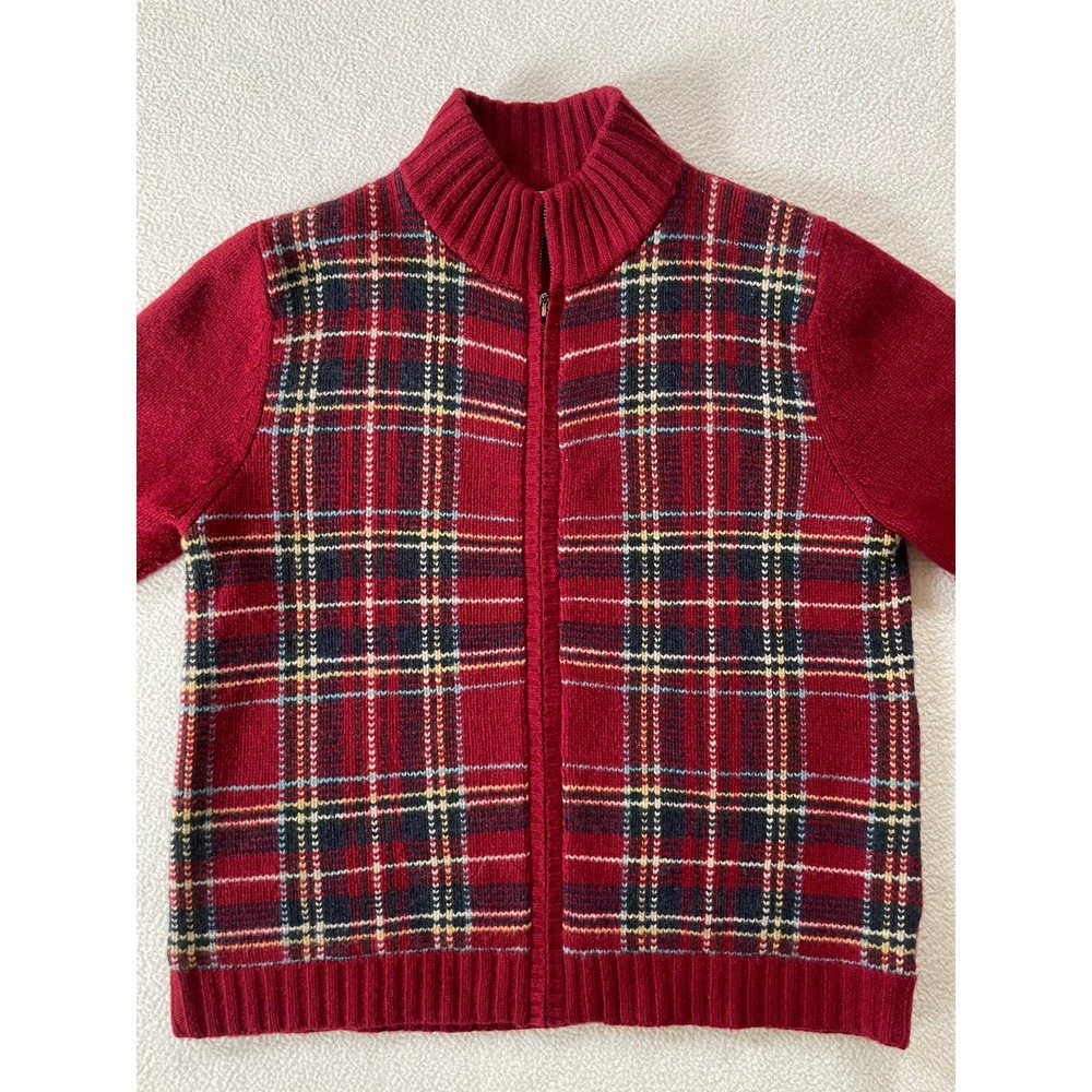 90s Eddie Bauer Womens Large Cardigan Sweater Red Plaid Lambswool Full Zip Mock